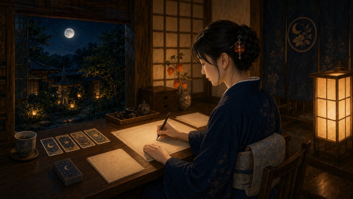 月詠堂の帳場で、月明かりのもと鑑定書を書く女将・月夜千冬星