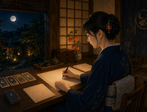 月詠堂の帳場で、月明かりのもと鑑定書を書く女将・月夜千冬星