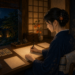 月詠堂の帳場で、月明かりのもと鑑定書を書く女将・月夜千冬星