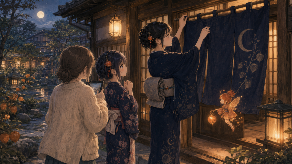 月詠堂の玄関で暖簾を掛ける女将を、彩璃、福音ゆら、季冬が見守る様子