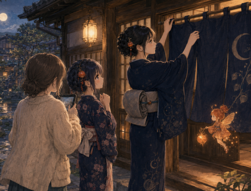 月詠堂の玄関で暖簾を掛ける女将を、彩璃、福音ゆら、季冬が見守る様子